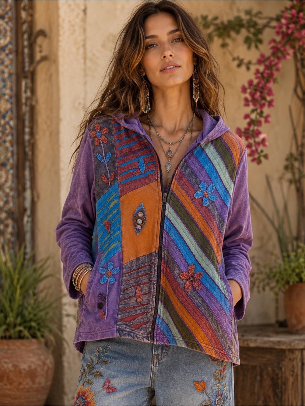 VTG Rising International Hoodie Sweatshirt Womens M  Boho Patchwork Y2K #1